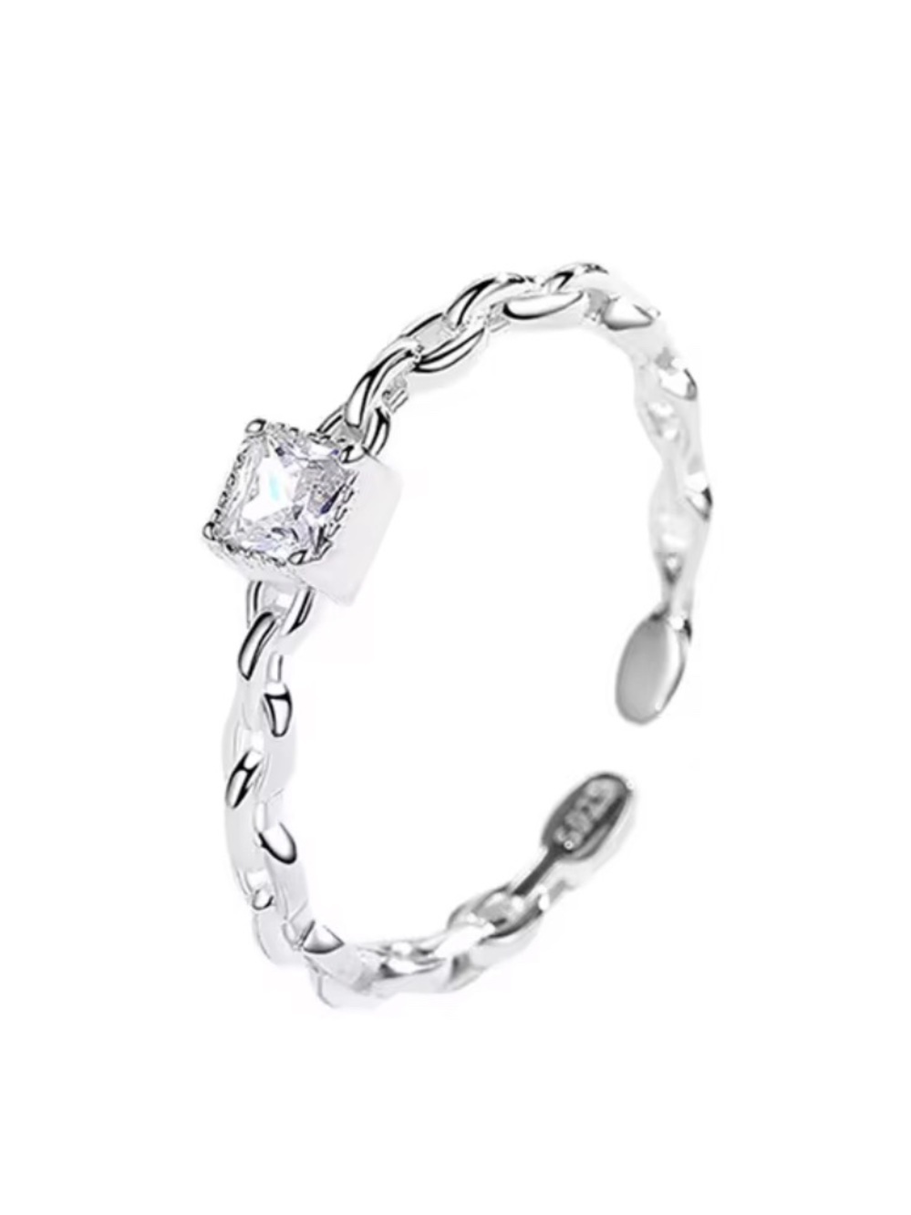 925 Sterling Silver Chain Twist Ring with Square CZ Accent adjustable